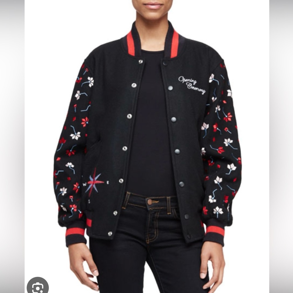 Opening Ceremony Varsity jacket medium black and red never eat shredded wheat